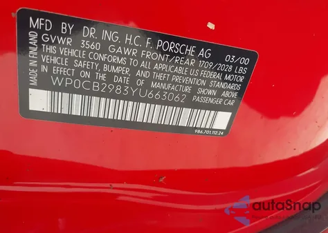 2000 Porsche Boxster S z USA, uszkodzony, nr VIN WP0CB2983YU663062